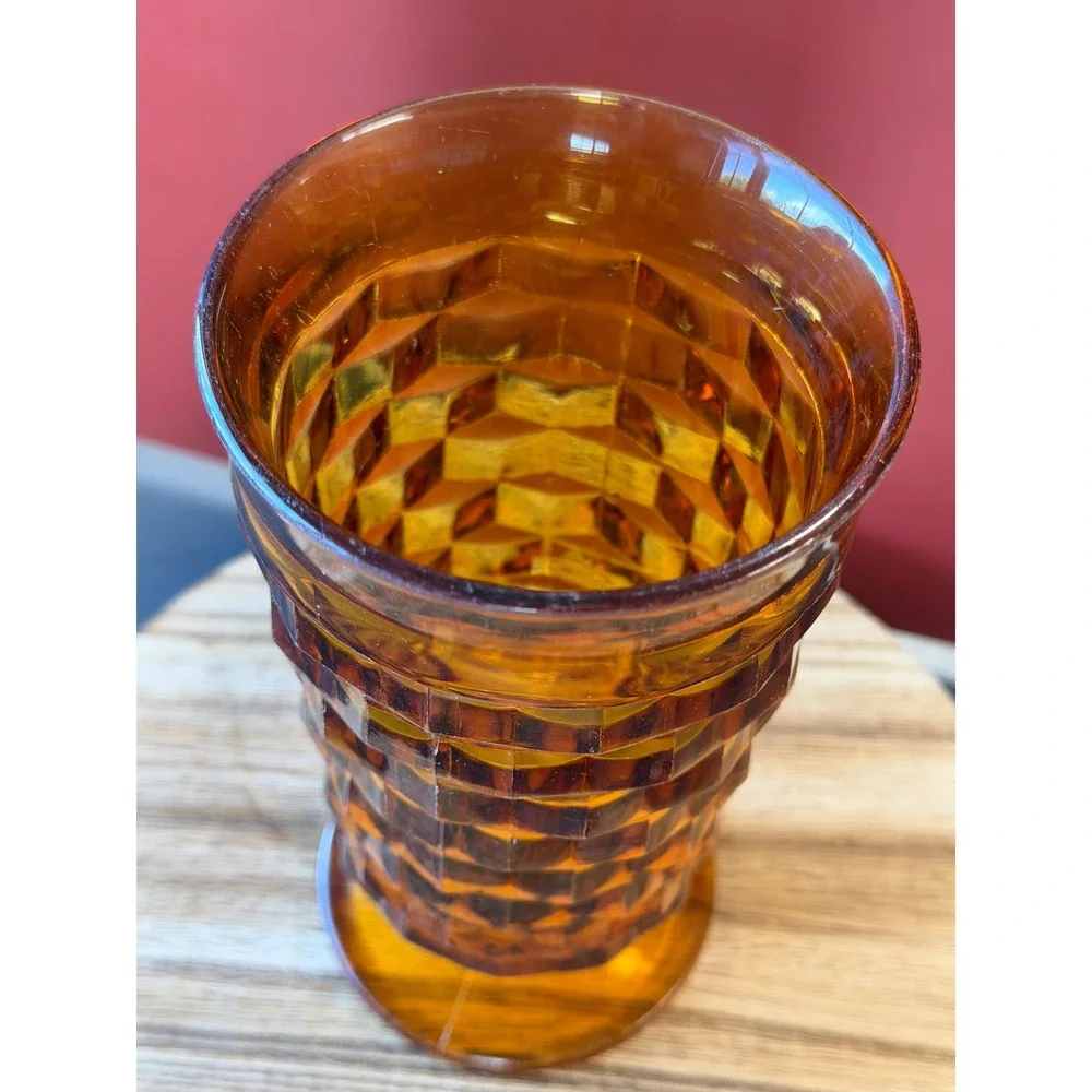Vintage Amber Indiana Glass Footed Tumbler Whitehall Cubist Pattern Mid Century